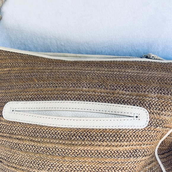 BRIGHTON Cream & Tan Raffia Wicker Genuine Leather Shoulder Bag Tote Purse - Picture 12 of 14